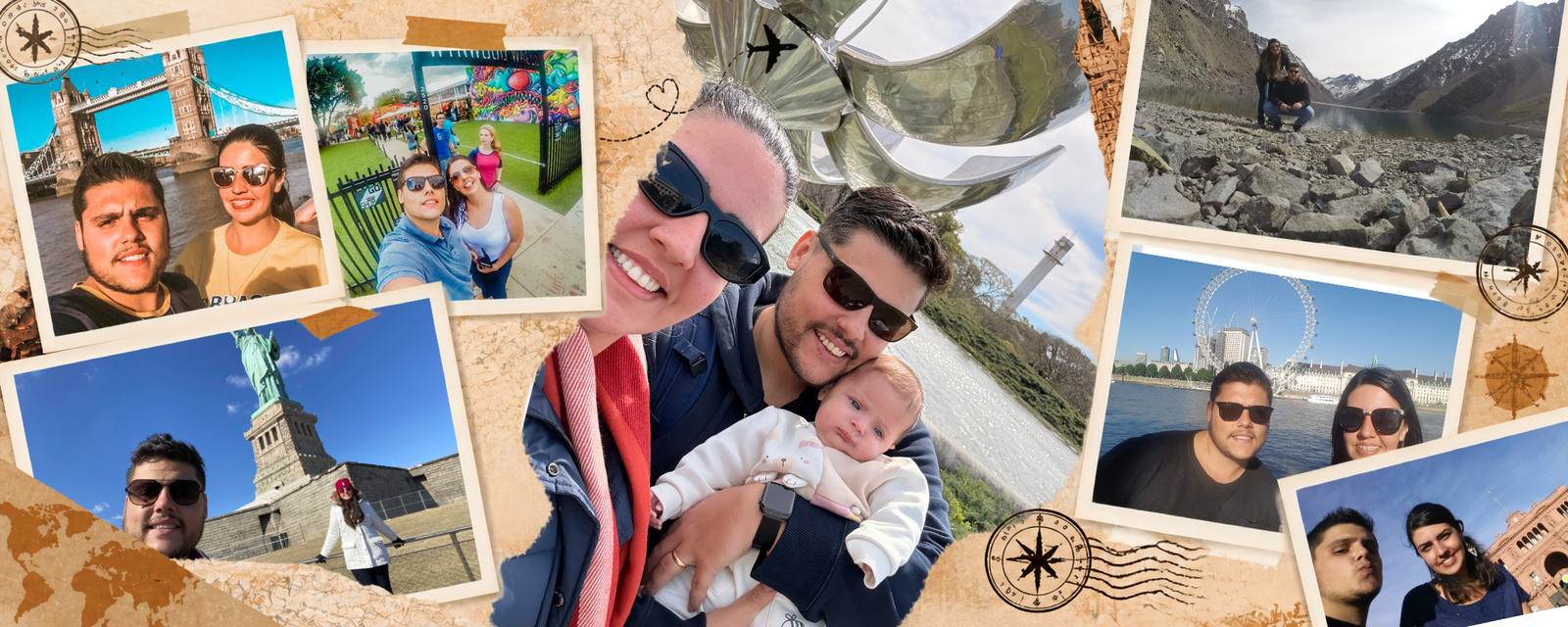 Montagem de Sté, Léo e Gi em diferentes viagens pelo mundo